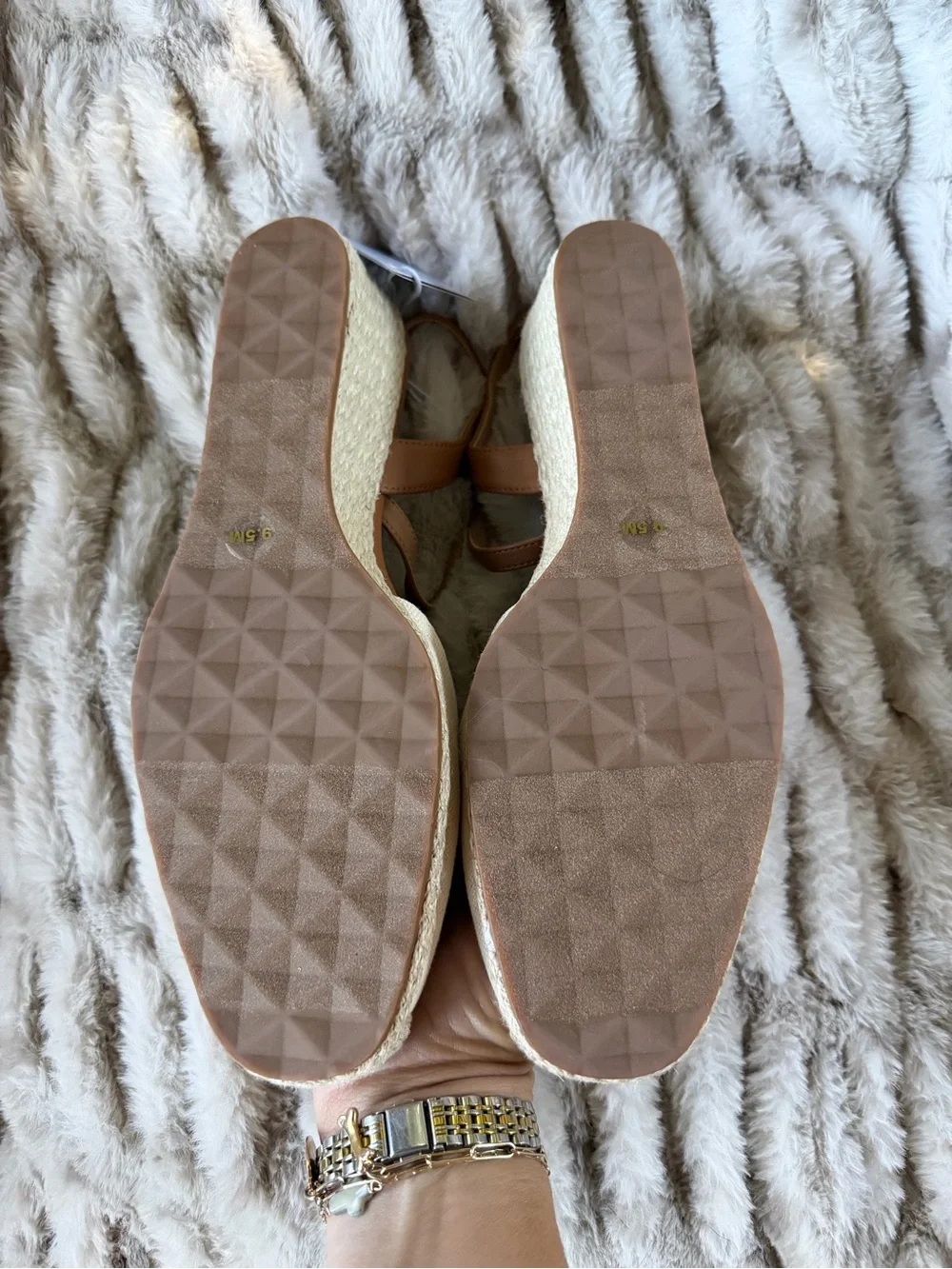 AEROSOLES Cream Canvas & Tan Leather Espadrille Slingbacks with Gold Buckles